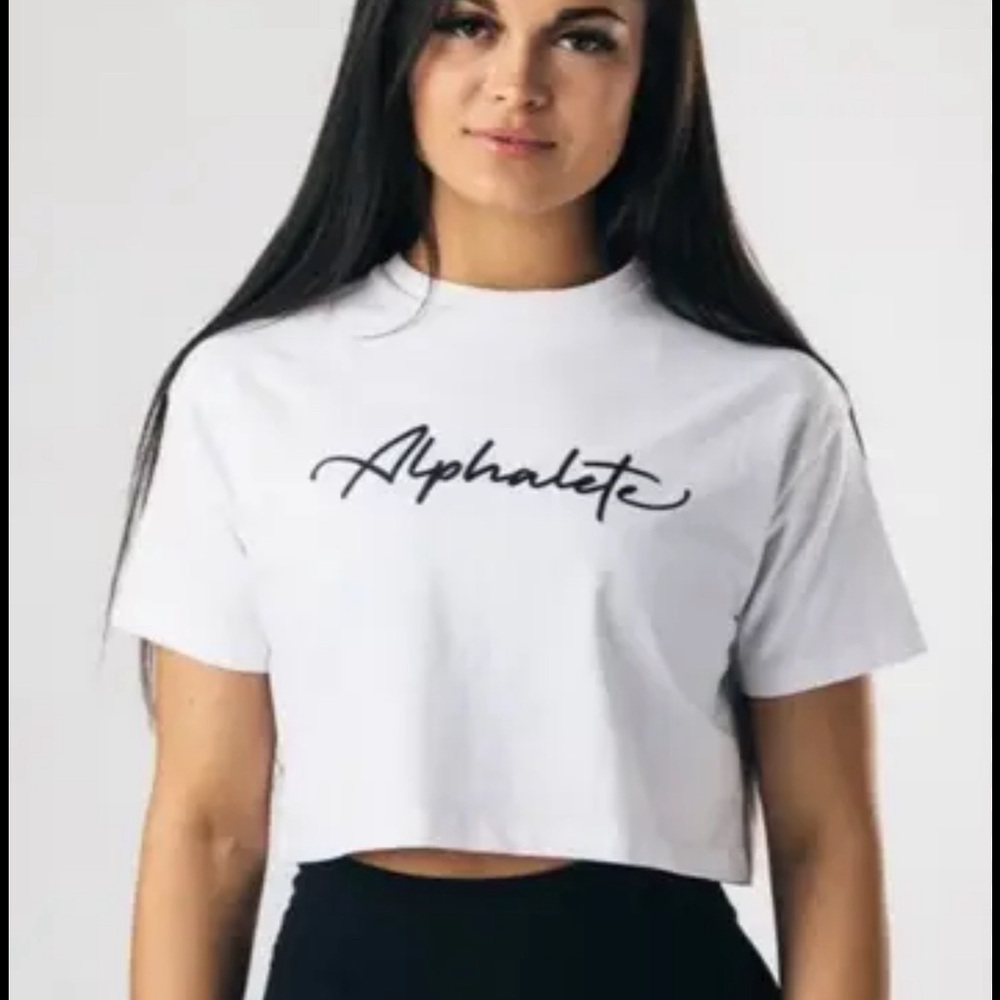 Alphalete White Crop T-Shirt with Black Graphics